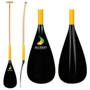 Image of two ZJ SPORT hybrid outrigger canoe paddles featuring black fiberglass blades with orange and green feather designs and the Z&J Sport logo. The wooden shafts have ergonomic orange grips, offering comfort and style similar to a waka ama paddle.
