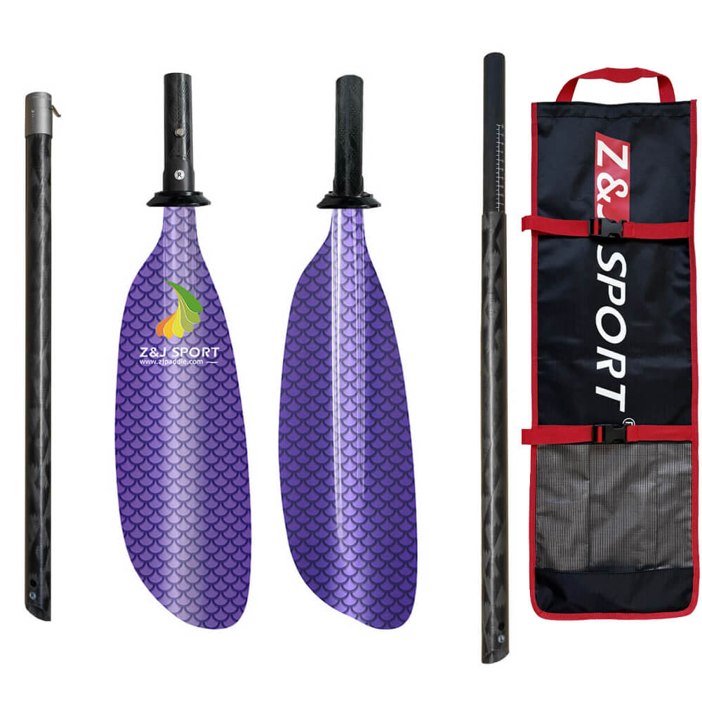 A set of ZJ SPORT sea kayak paddles, model SKR-III, featuring a scaly purple pattern on fiberglass blades with carbon fiber shafts, is disassembled beside a black carrying bag labeled ZJ SPORT. The set includes two blades and handles against a white background.