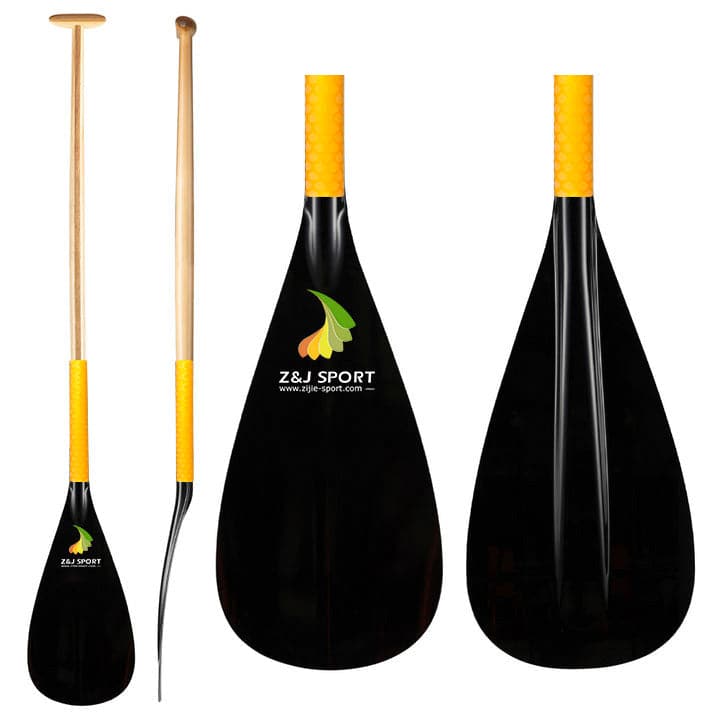 Image showing two black ZJ SPORT paddles with yellow ergonomic grips. One is straight, the other bent; both have a green and yellow design on fiberglass blades printed with the ZJ SPORT logo. Ideal for waka ama enthusiasts, perfect for kids.