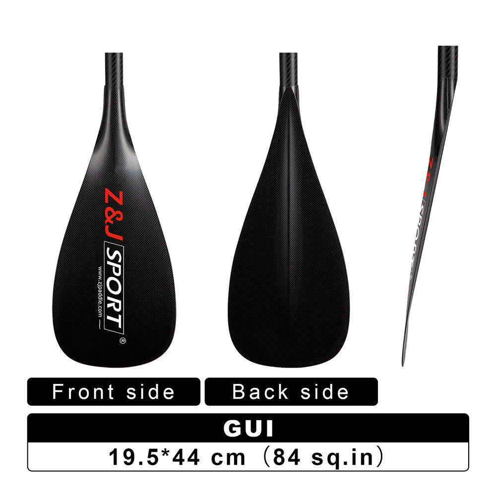 Image of ZJ SPORTs ZJ 3-Piece Carbon Adjustable SUP Paddle GUI Model, highlighting its carbon fiber blade from three angles. Dimensions: 19.5*44 cm (84 sq.in). Ergonomic handle included, with GUI beneath images.