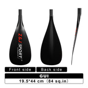 Image of ZJ SPORTs ZJ 3-Piece Carbon Adjustable SUP Paddle GUI Model, highlighting its carbon fiber blade from three angles. Dimensions: 19.5*44 cm (84 sq.in). Ergonomic handle included, with GUI beneath images.