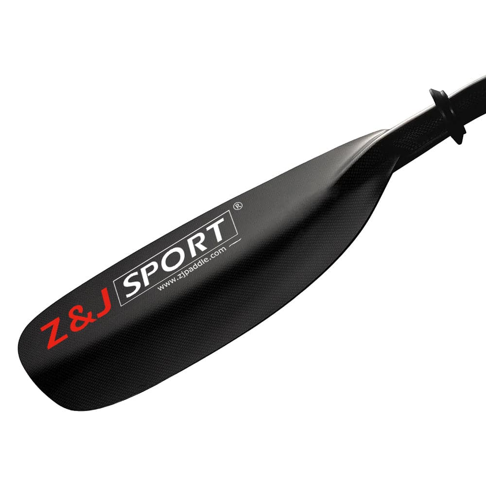 Close-up of a sleek black paddle blade from the ZJ 2 Piece / 4 Piece Carbon Fiber Sea Kayak Paddle (SKR-III) with the ZJ SPORT logo. Its modern asymmetrical carbon fiber design is ideal for long-distance paddling, featuring smooth edges and a shiny finish.