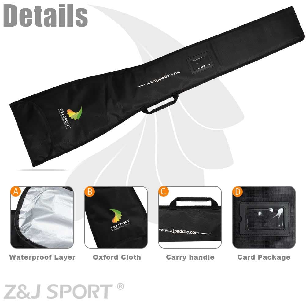 The ZJ SPORT logo-branded black paddle bag, perfect for a ZJ 2-Piece/4-Piece Translucent Fiberglass Sea Kayak Paddle, features A) a waterproof layer, B) durable oxford cloth, C) a convenient carry handle, and D) card package. Z&J SPORT is proudly displayed at the bottom.