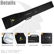 The ZJ SPORT logo-branded black paddle bag, perfect for a ZJ 2-Piece/4-Piece Translucent Fiberglass Sea Kayak Paddle, features A) a waterproof layer, B) durable oxford cloth, C) a convenient carry handle, and D) card package. Z&J SPORT is proudly displayed at the bottom.