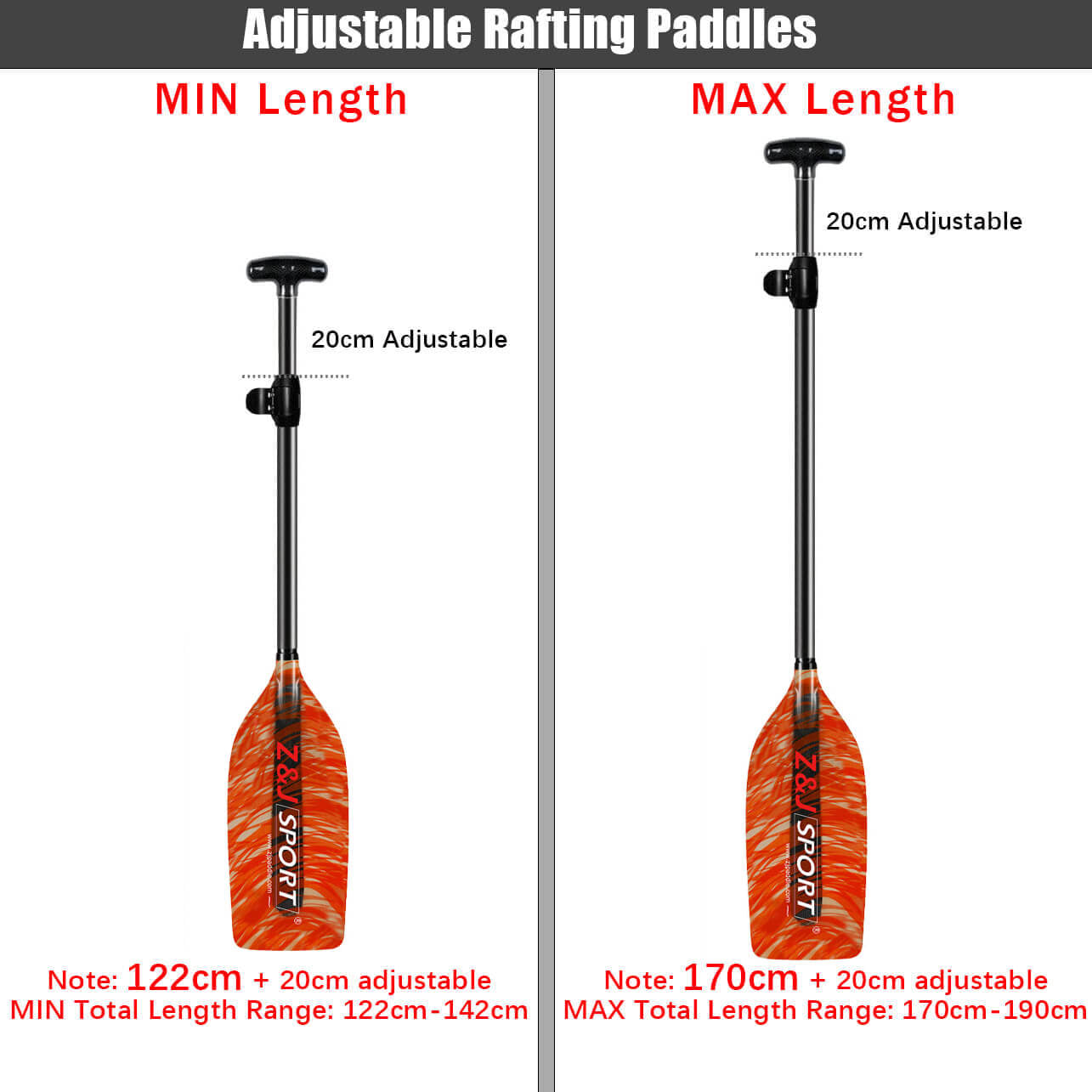 Image featuring two adjustable paddles with sleek red and black designs displaying 26 SPORT branding: the left zijie paddle, with a fiberglass blade adjusts from 122cm to 142cm; the right extends from 170cm to 190cm, boasting a prepreg carbon fiber shaft for enhanced performance.