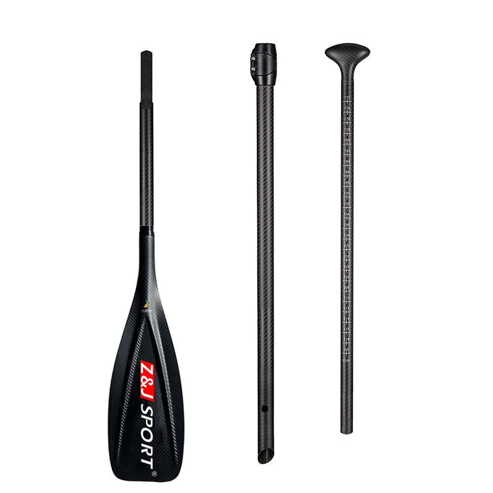 The ZJ SPORT Carbon SUP Paddle includes three detachable parts: a Vibe Blade with Z&J SPORT in white and red, an adjustable shaft, and a handle with measurement markings.