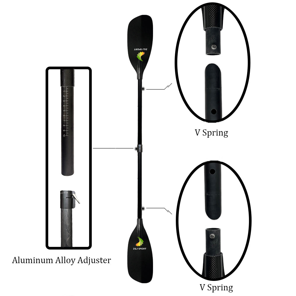 The ZJ SPORT 4-piece Carbon/Fiberglass Whitewater Paddle features a carbon fiber blade, aluminum alloy adjuster, V spring mechanisms, and red branding on the black blades. Ideal for river running, it has close-up views of the adjuster and springs at both ends.