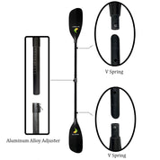 The ZJ SPORT 4-piece Carbon/Fiberglass Whitewater Paddle features a carbon fiber blade, aluminum alloy adjuster, V spring mechanisms, and red branding on the black blades. Ideal for river running, it has close-up views of the adjuster and springs at both ends.