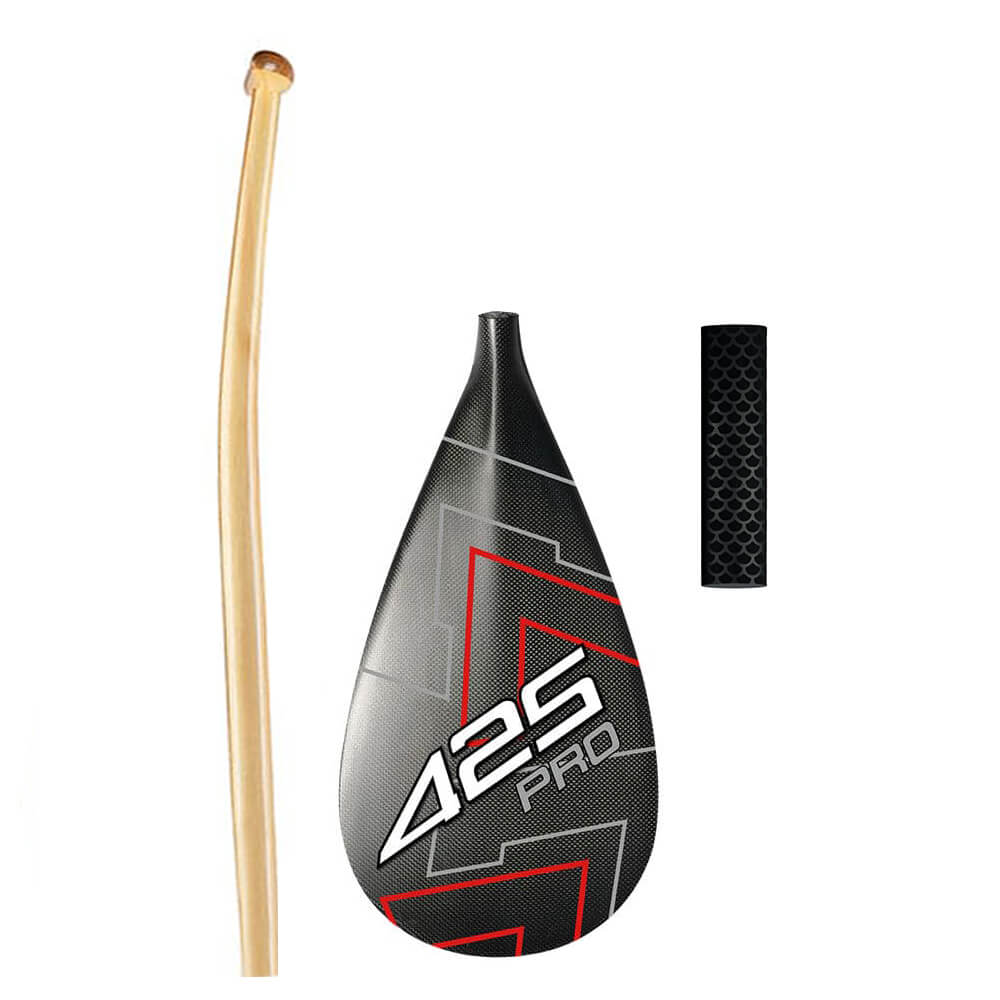 The ZJ SPORT 425Pro Hybrid Carbon Outrigger Canoe Paddle features a light brown wooden shaft, a sleek black and red carbon blade with 425 Pro, geometric patterns for enhanced performance, and an ergonomic black anti-skid grip.