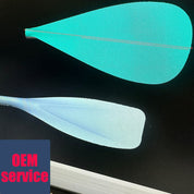 Close-up of teal and light blue paddle blades, intricately designed in mold creation, set against a dark backdrop. A small label at the bottom left reads Mold Design (OEM Service) in red on a blue square, by zijie.