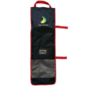 The ZJ Paddle Bag is a black, rectangular sports equipment bag with red trim and handles, featuring a colorful abstract logo and Z&J SPORT text. This wear-resistant paddle bag includes three horizontal straps and a small transparent pocket at the bottom for secure storage of paddle essentials.