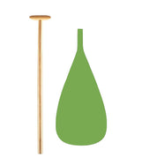 A wooden pestle stands upright beside a green, teardrop-shaped mortar silhouette. Next to them lies the ZJ SPORT Special Offer Hybrid Outrigger Canoe Paddle with an ergonomic T-handle and a durable fiberglass blade, all set against a plain white background.