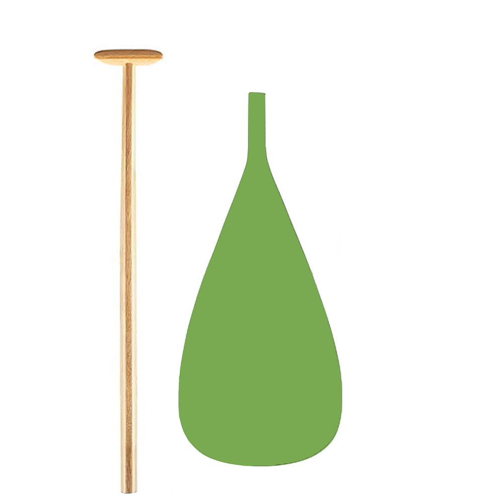 The ZJ SPORT Hybrid Outrigger Canoe Paddle with a C-W Carbon Blade stands upright with its wood shaft and handle next to a green, teardrop-shaped blade on a white background.