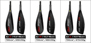 Image displaying three black asymmetrical kayak paddle blades labeled ZJ-JS, ZJ-JM, and ZJ-JL from ZJ SPORTs Lightweight J Series. Made of durable carbon fiber, they measure 15.6x48cm, 16.2x49cm, and 16.5x50cm with logos and sizes printed on them.