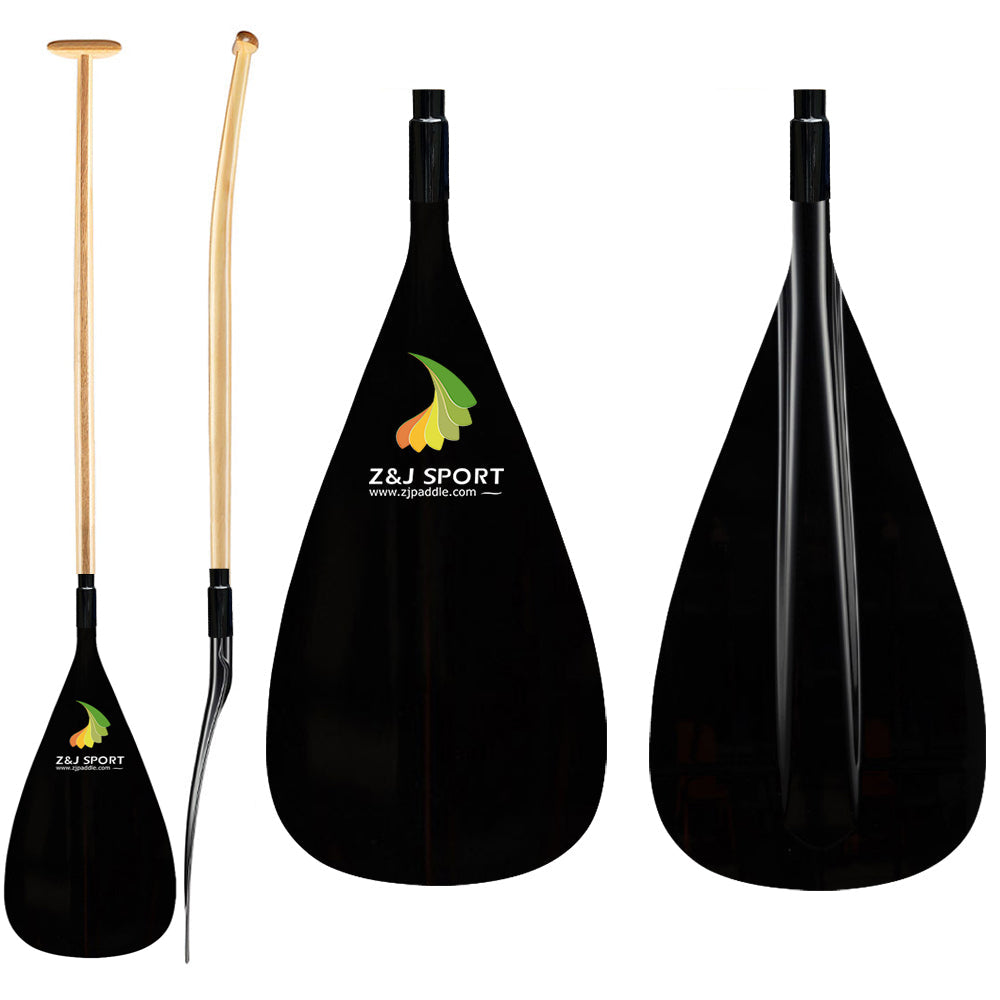 Three black paddles with wooden handles are displayed: two have curved grips and the ZJ SPORT logo on their fiberglass blades, and one blade is shown separately to highlight its ergonomic T-handle design. Perfect for waka ama paddle enthusiasts.