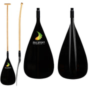 Three black paddles with wooden handles are displayed: two have curved grips and the ZJ SPORT logo on their fiberglass blades, and one blade is shown separately to highlight its ergonomic T-handle design. Perfect for waka ama paddle enthusiasts.