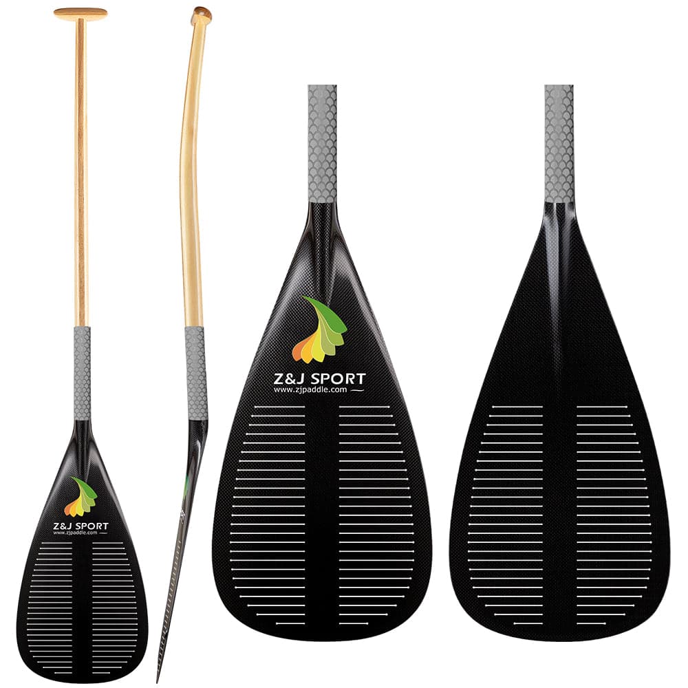 Three black carbon fiber paddles from ZJ SPORT, featuring wooden handles and a yellow-green leaf logo. Thanks to Patented Cut Technology, one paddle is shown from the side while two display full blades. Product: ZJ High Performance Outrigger Canoe Paddle Upper Bent Shaft With Slit in Blade.