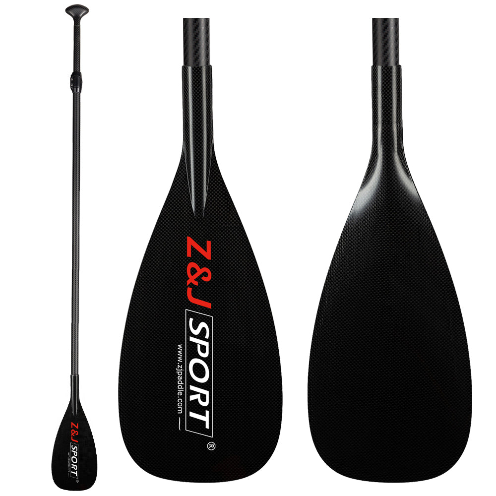 The ZJ 3-Piece Carbon Adjustable SUP Paddle All Water 85 Model by ZJ SPORT is shown with a side profile of its full length and two close-ups of the blade, where Z&J Sport is boldly displayed in red and white on the reinforced edge.