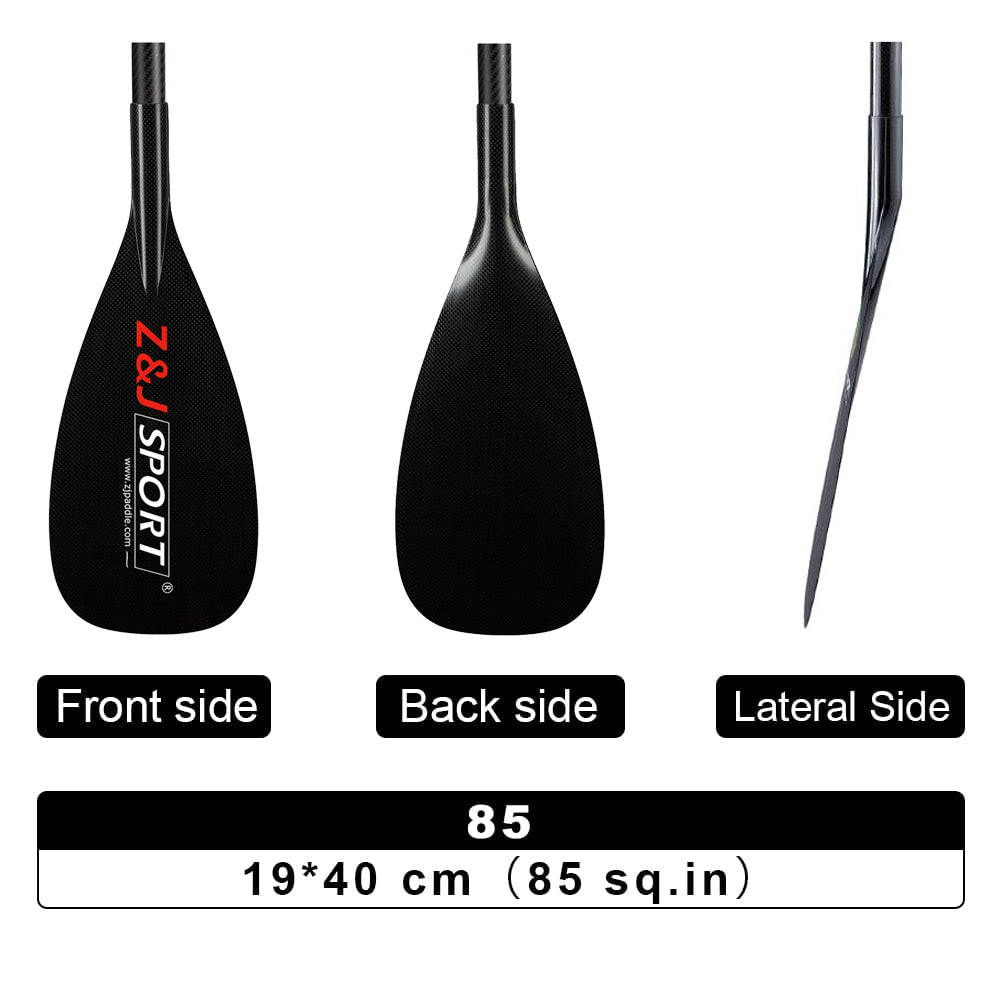 Image of a black paddle blade with three views: front, back marked ZJ SPORT Elite Paddle, and side profile. The ZJ 3-Piece Carbon Adjustable SUP Paddle All Water 85 Model, measuring 19x40 cm (85 sq.in), features durable carbon fiber and a reinforced blade edge.