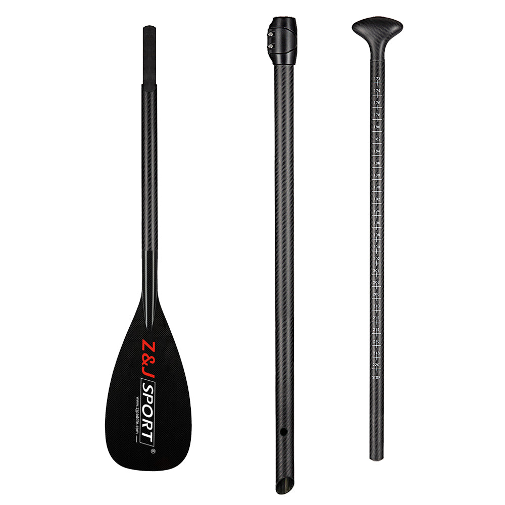The ZJ 3-Piece Carbon Adjustable SUP Paddle features a black carbon fiber design with a reinforced blade edge displaying ZJ SPORT, a central shaft, and T-grip handle. The adjustable length suits paddlers of all heights for optimal performance.