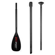 The ZJ 3-Piece Carbon Adjustable SUP Paddle features a black carbon fiber design with a reinforced blade edge displaying ZJ SPORT, a central shaft, and T-grip handle. The adjustable length suits paddlers of all heights for optimal performance.