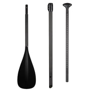 The ZJ SPORT 3-Piece Carbon Adjustable SUP Paddle All Water 85 Model is a black carbon fiber paddle with an adjustable length. Its left part has a reinforced blade edge, the middle includes a shaft with measurements, and the right has an ergonomic T-shaped handle.