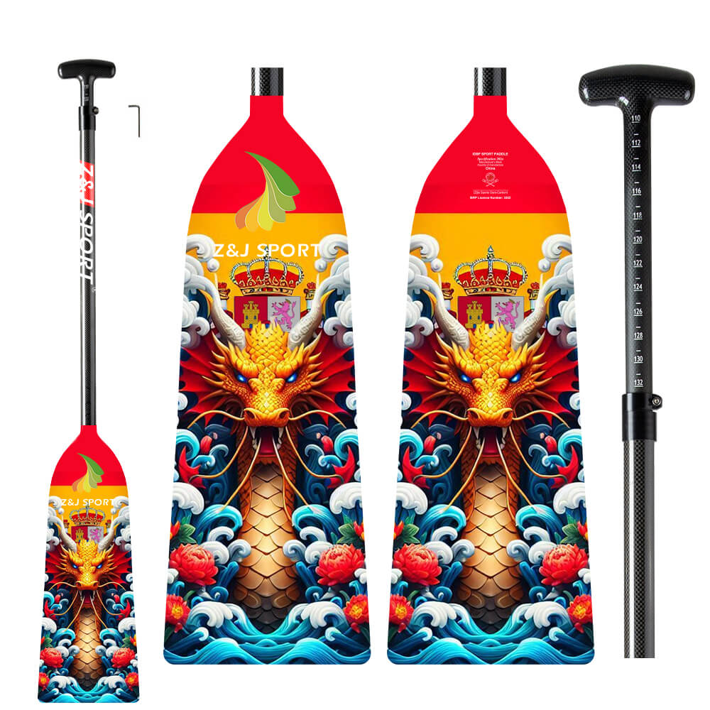 Two ZJ SPORT Adjustable Carbon Dragon Boat Paddles, featuring custom graphics, are placed side by side. One is disassembled into the blade, shaft, and handle to demonstrate its adjustable length. Crafted from carbon fiber, they display intricate wave patterns and a dragon head with visible branding text.