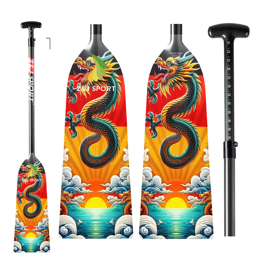 The ZJ SPORT ZJ Adjustable Carbon Dragon Boat Paddle, IDBF approved, features custom graphics with a black and yellow dragon against clouds and a sunset. Made from full carbon fiber, it includes an adjustable length and a hex key for easy assembly and customization.