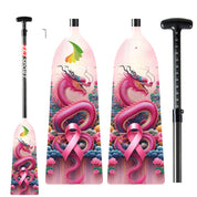 The ZJ SPORT ZJ IDBF Approved Carbon PINK Series Dragon Boat Paddle features durable carbon fiber with an adjustable length, showcasing a vibrant pink dragon and clouds design with a pink ribbon symbol on each blade.