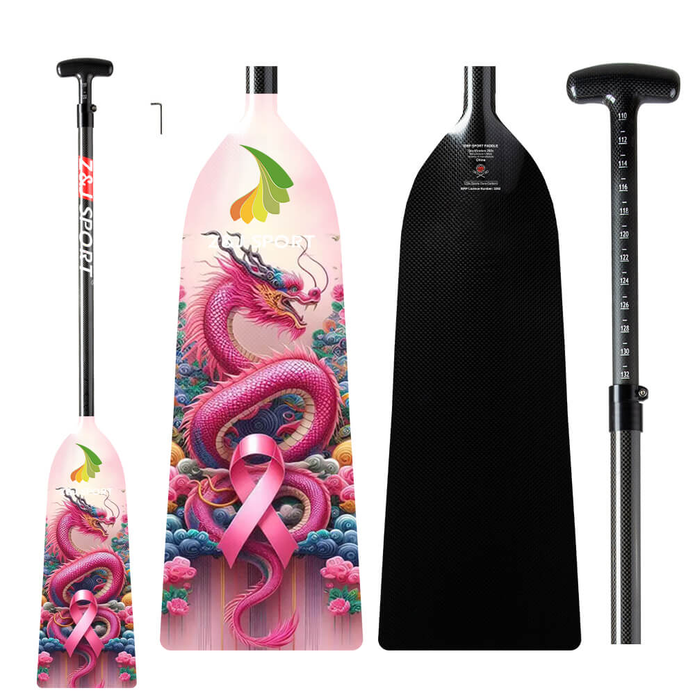 The ZJ SPORT ZJ IDBF Approved Carbon PINK Series Dragon Boat Paddle features a vibrant design with a pink dragon, clouds, and pink awareness ribbon. Its adjustable handle includes measurement markings for precision.