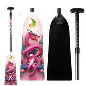 The ZJ SPORT ZJ IDBF Approved Carbon PINK Series Dragon Boat Paddle features a vibrant design with a pink dragon, clouds, and pink awareness ribbon. Its adjustable handle includes measurement markings for precision.