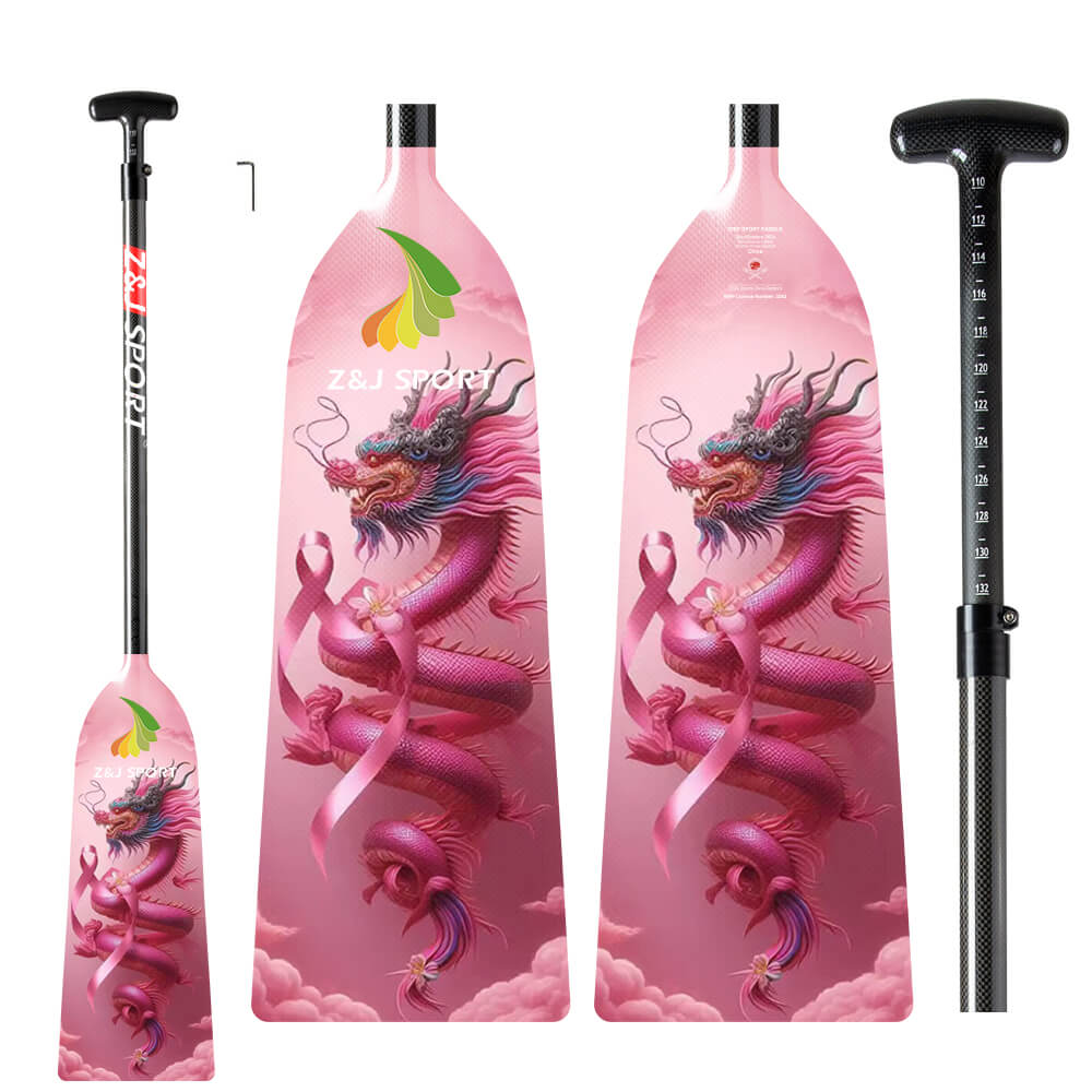 The ZJ IDBF Approved Carbon PINK Series Dragon Boat Paddle, by ZJ SPORT, features pink designs and adjustable handles with length markings on a crisp white background.