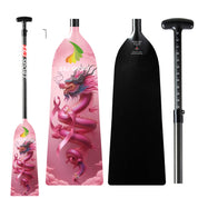 Three views of the ZJ IDBF Approved Carbon PINK Series Dragon Boat Paddle by ZJ SPORT, featuring a vibrant pink dragon blade design. The black carbon fiber shaft has a measuring scale for adjustability and comes with an ergonomic grip.