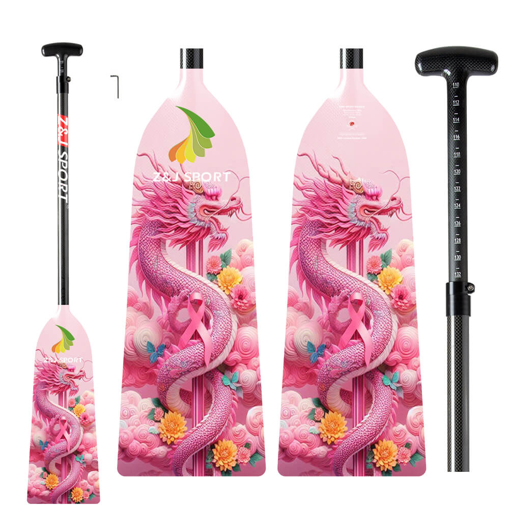 The ZJ IDBF Approved Carbon PINK Series Dragon Boat Paddle by ZJ SPORT has vibrant dragon and floral designs. It features a black adjustable handle for personalized length, and branding on the blades for authenticity and style.