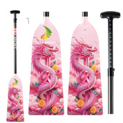 The ZJ IDBF Approved Carbon PINK Series Dragon Boat Paddle by ZJ SPORT has vibrant dragon and floral designs. It features a black adjustable handle for personalized length, and branding on the blades for authenticity and style.