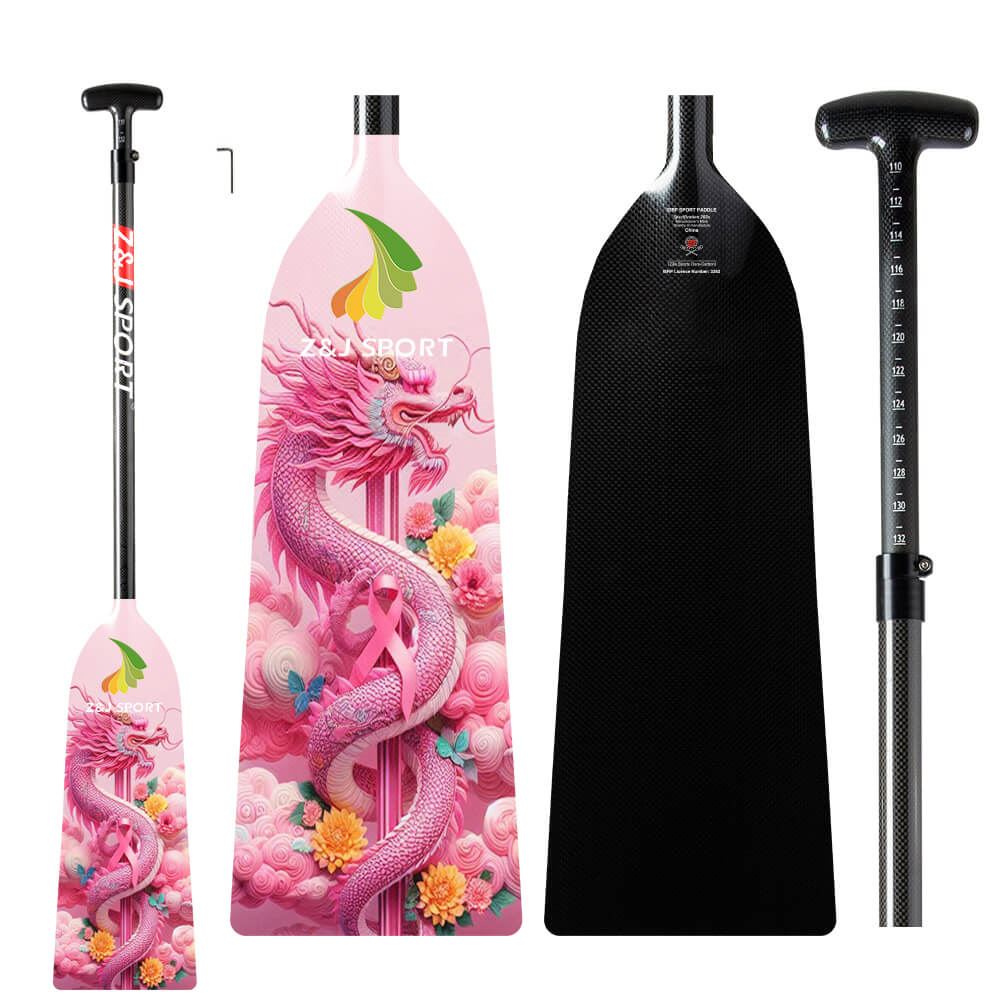 The ZJ IDBF Approved Carbon PINK Series Dragon Boat Paddle features a vibrant pink design with a dragon and flowers. These paddles have an adjustable handle for precise measurements, showcasing the ZJ SPORT logo on a clean white background.