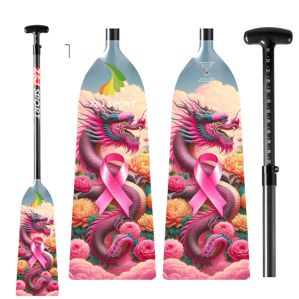 Three ZJ SPORT IDBF Approved Carbon PINK Series dragon boat paddles feature a vibrant dragon design with flowers and a pink ribbon. The image shows both the paddle handle and the full lightweight, durable carbon fiber paddle.