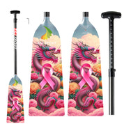 Three ZJ SPORT IDBF Approved Carbon PINK Series dragon boat paddles feature a vibrant dragon design with flowers and a pink ribbon. The image shows both the paddle handle and the full lightweight, durable carbon fiber paddle.