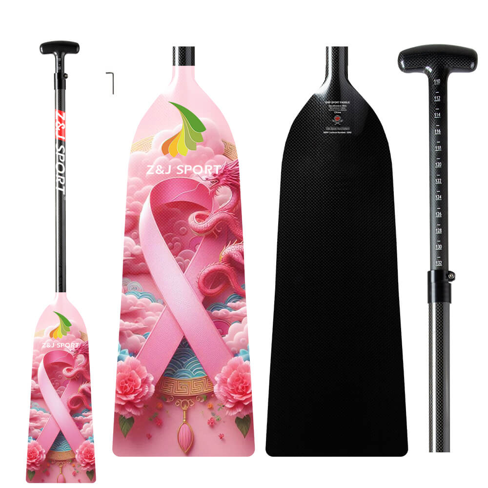 The ZJ IDBF Approved Carbon PINK Series Dragon Boat Paddle by ZJ SPORT features a decorative paddle with floral and cloud patterns, an adjustable pink ribbon design, a grip handle with measurement markings, and is ideal for dragon boat enthusiasts.