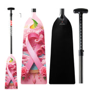 The ZJ IDBF Approved Carbon PINK Series Dragon Boat Paddle by ZJ SPORT features a decorative paddle with floral and cloud patterns, an adjustable pink ribbon design, a grip handle with measurement markings, and is ideal for dragon boat enthusiasts.