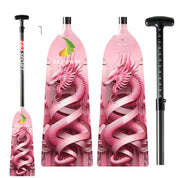 Three ZJ SPORT pink dragon boat paddles, from the ZJ IDBF Approved Carbon PINK Series, feature a striking dragon design. These adjustable-length paddles offer precise measurement markings and resemble sleek carbon fiber models in both functionality and style.