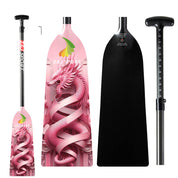 The ZJ SPORT ZJ IDBF Approved Carbon PINK Series Dragon Boat Paddle displays a pink dragon design. Its carbon fiber with a T-shaped handle, precise measurements on the handle, and the ZJ Sport logo.