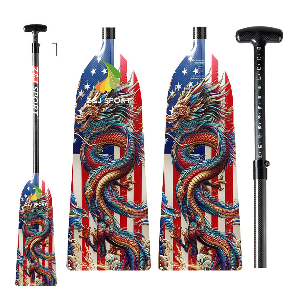 The ZJ Adjustable Carbon Dragon Boat Paddle, crafted by ZJ SPORT, features a vibrant design combining a dragon and the American flag. Made with full carbon fiber, it includes handle measurements for precise sizing and carries IDBF approval. Enjoy standout graphics in the Custom US Series.