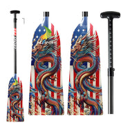 The ZJ Adjustable Carbon Dragon Boat Paddle, crafted by ZJ SPORT, features a vibrant design combining a dragon and the American flag. Made with full carbon fiber, it includes handle measurements for precise sizing and carries IDBF approval. Enjoy standout graphics in the Custom US Series.