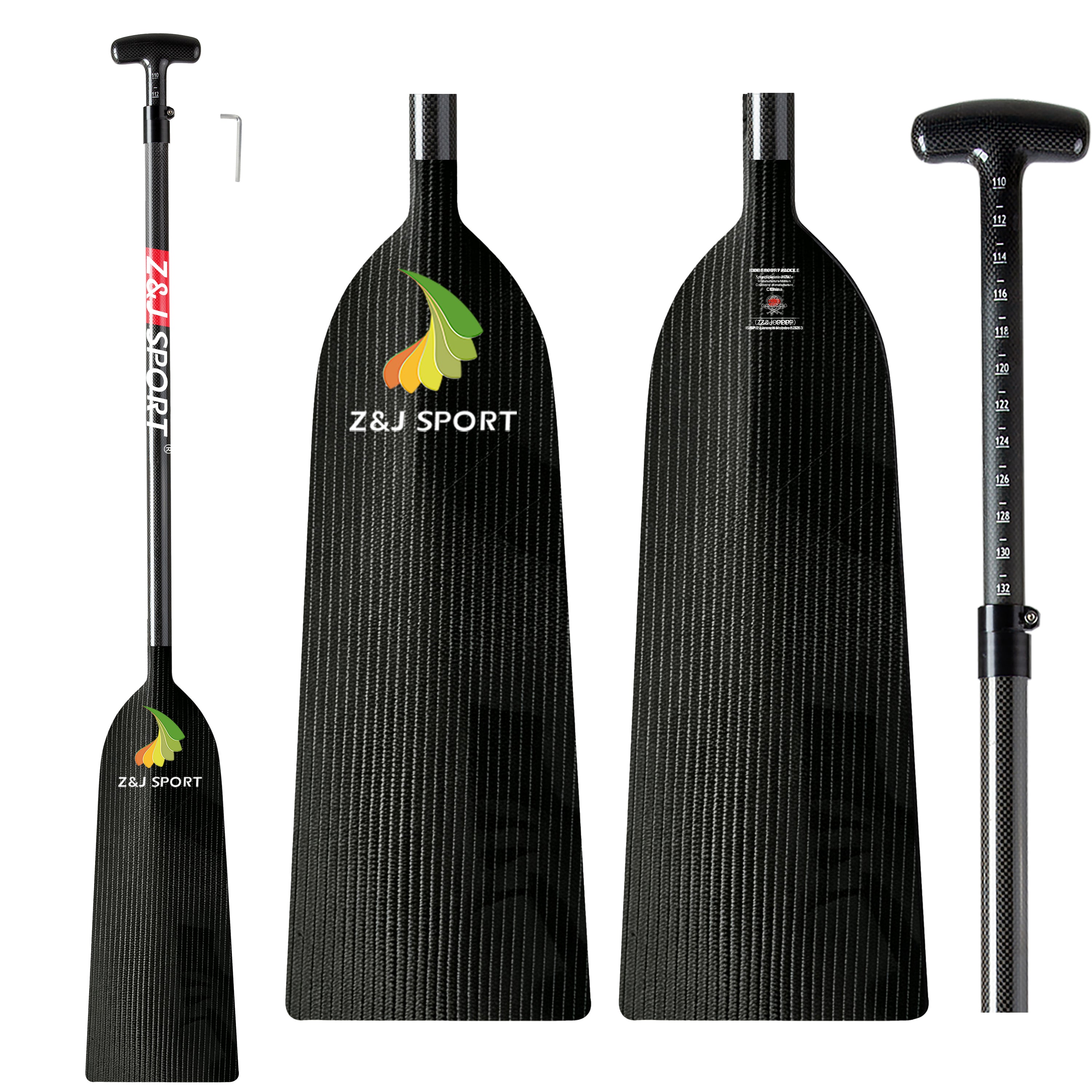 Image of the ZJ IDBF Approved Dragon Boat Paddle by ZJ SPORT, featuring a black carbon fiber design. The adjustable paddle has a measurement scale on the handle and displays the logo and a colorful swoosh. The long, rectangular blade is portrayed from various angles.