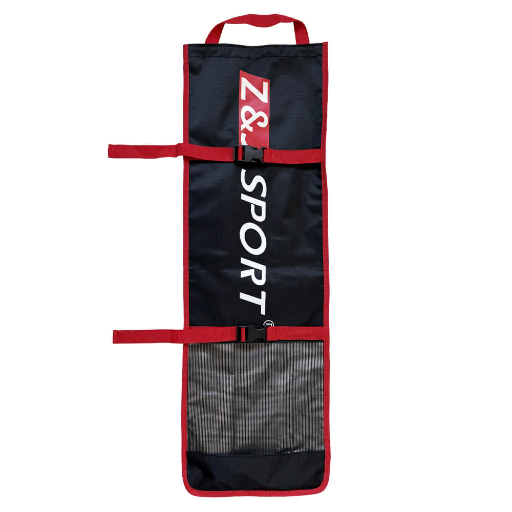 The ZJ Paddle Bag is a black, wear-resistant, and waterproof storage for sea kayak and whitewater paddles. It features red straps and edges, Z&J SPORT in white, three adjustable red straps, and a bottom mesh pocket.