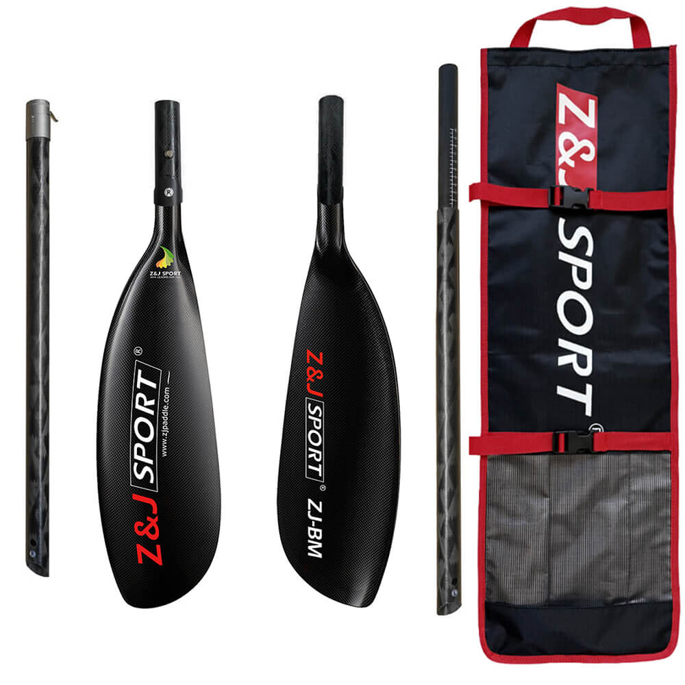 The ZJ 4 Piece Carbon Fiber Kayak Surfski Paddle features disassembled wing blades labeled Z&J SPORT and comes with a stylish black carrying case with red accents showcasing the brand name.
