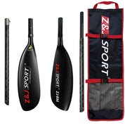 The ZJ 4 Piece Carbon Fiber Kayak Surfski Paddle features disassembled wing blades labeled Z&J SPORT and comes with a stylish black carrying case with red accents showcasing the brand name.