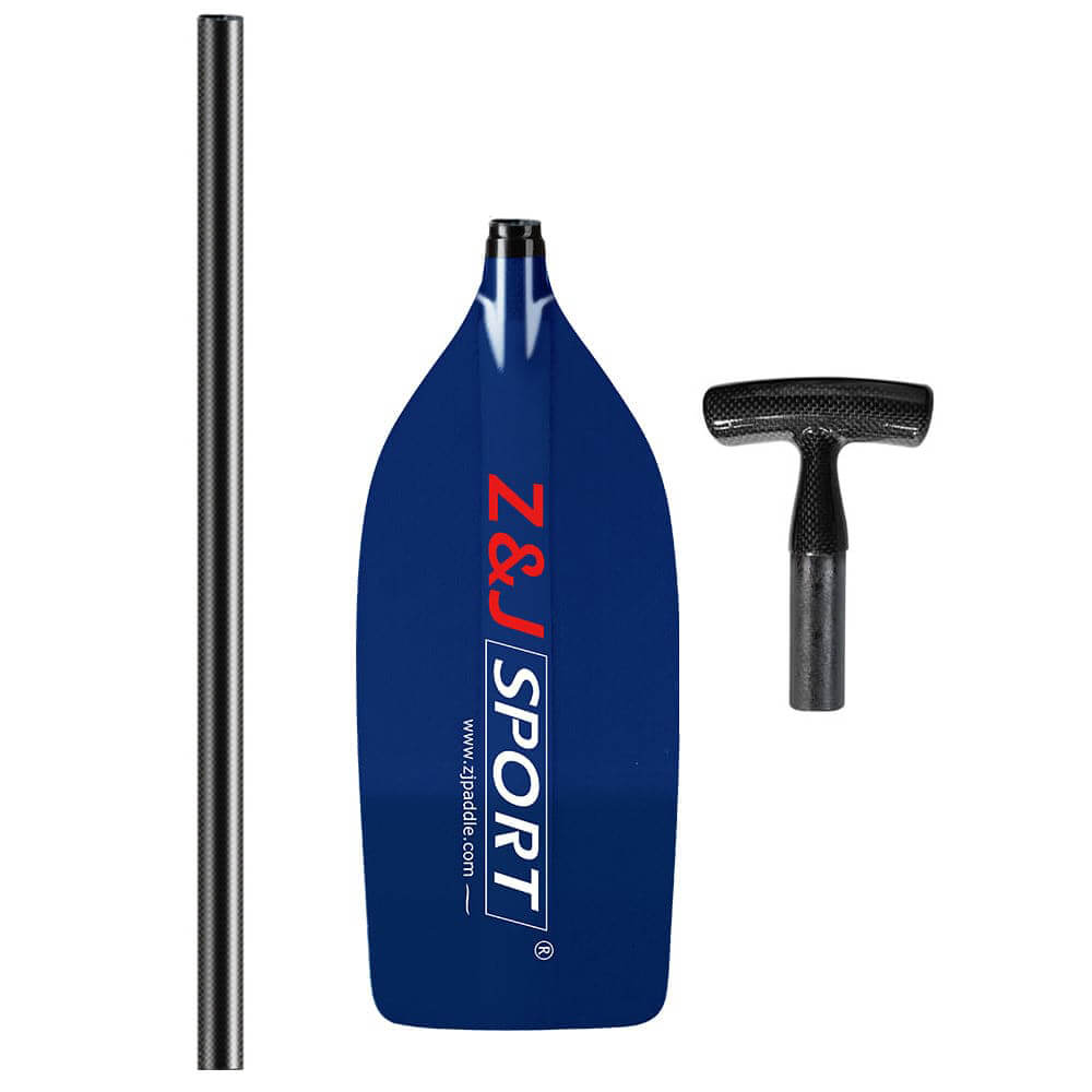 The ZJ Canoe Whitewater Rafting Paddle by zijie features a translucent blue fiberglass blade with Z&J SPORT text in red and white, a long black handle, and a T-shaped grip. Its adjustable prepreg carbon fiber shaft makes it perfect for water sports enthusiasts.