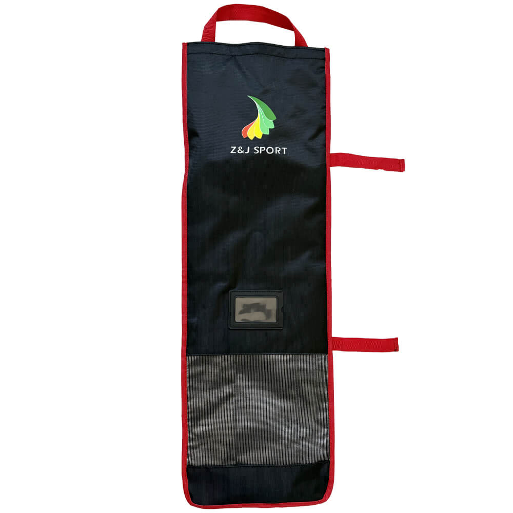 The ZJ Paddle Bag is a black, rectangular sports equipment bag with red trim and handles, featuring a colorful abstract logo and Z&J SPORT text. This wear-resistant paddle bag includes three horizontal straps and a small transparent pocket at the bottom for secure storage of paddle essentials.